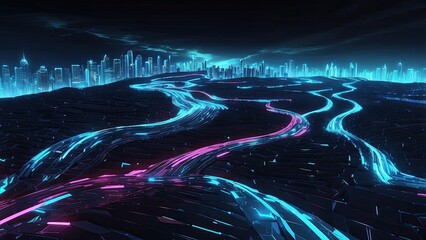 A futuristic, curving digital road composed of glowing blue binary code on a dark background