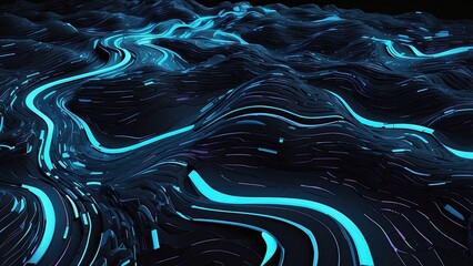 A futuristic, curving digital road composed of glowing blue binary code on a dark background