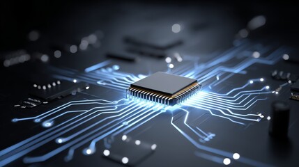 A close-up depiction of an electronic circuit board, presented in an illustration style, set against a background of technology and science, generated using stock