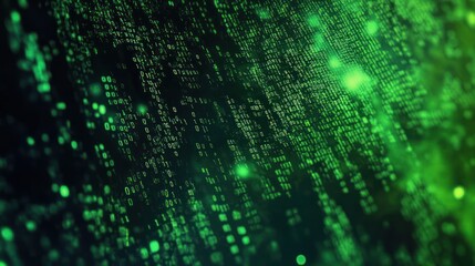 Abstract green digital data stream with glowing particles background