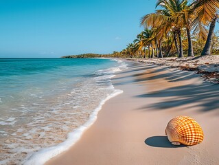 Wall Mural - tranquil tropical beach with swaying palm trees and a seashell in the sand