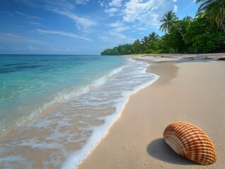 Wall Mural - tranquil tropical beach with swaying palm trees and a lone seashell