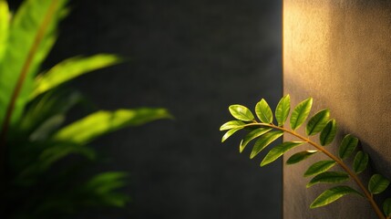 Poster - Minimalist Biophilic Design Vibrant Green Botanical Texture Illuminating Dark Architectural Space - Modern Wellness and Sustainable Interior Inspiration