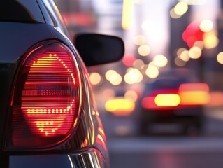 Poster - Urban Mobility Illumination Sleek Automotive Rear Light Design Capturing Smart City Aesthetic with Vibrant Bokeh Streetscape - Next-Gen Transportation Tech