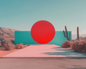 Leinwandbilder - Retro-Futuristic Desert Minimalism Surreal Geometric Landscape with Vibrant Red Sphere - Contemporary Art and Design Exploration of Spatial Perception