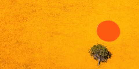Poster - Minimalist Eco-Design Solitary Tree Against Vibrant Golden Landscape - Contemporary Climate Change Visualization and Sustainable Visual Storytelling