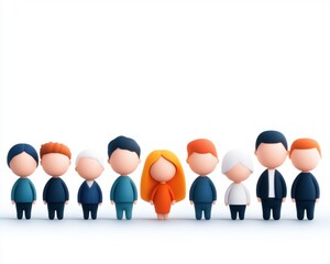 Fototapete - A colorful group of stylized, cartoon-like figures stands side by side, showcasing diverse hairstyles and outfits in a minimalistic design.
