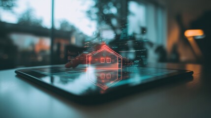 Aufkleber - Immersive Digital Real Estate Augmented Reality Holographic House Projection on Sleek Tablet - Next-Gen Property Technology Transforming Home Search Experience