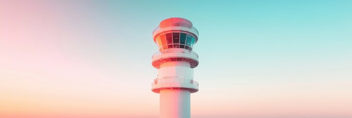 Poster - Futuristic Aviation Infrastructure Minimalist Air Traffic Control Tower in Pastel Sunset Gradient - Cutting-Edge Transportation Safety Design for Digital Era Connectivity