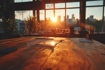 Aufkleber - Golden Hour Workspace Inspiration Warm Urban Sunset Illuminating Rustic Wooden Table with Soft City Skyline - Minimalist Productivity and Creative Professional Ambiance