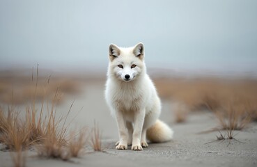 arctic fox standing calmly on beach. wild animal with white fur in natural habitat. predator, lookin