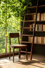 Poster - Biophilic Home Office Sanctuary Sustainable Wood Library Nook with Organic Natural Light, Minimalist Remote Work Wellness Design for Mindful Productivity