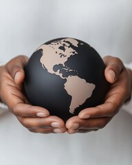 Wall Mural - a person holds a black globe with gold continents, symbolizing global awareness and environmental re