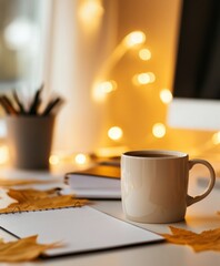 Poster - Cozy Autumn Productivity Sanctuary Soft-Focus Financial Planning with Warm Bokeh Lighting - Mindful Workspace Design for Creative Professionals