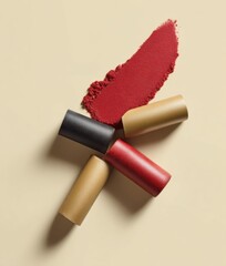 Fototapete - Minimalist Lipstick Design Bold Red Color Smear and Matte Metallic Tubes - Contemporary Beauty Innovation for Digital-First Cosmetic Branding