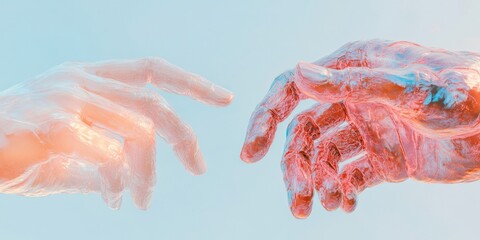 Poster - Ethereal Human-AI Symbiosis Translucent Robotic and Organic Hands Converging in Futuristic Healthcare Innovation - Next-Gen Wellness Interaction