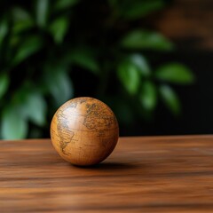 Poster - Minimalist Global Strategy Vintage Cartography Globe on Sustainable Woodgrain - Eco-Conscious Business Innovation and International Expansion Visualization