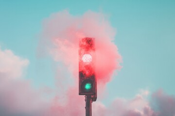 Poster - Pastel Dreamscape Urban Tech Surreal Traffic Light Visualization with Ethereal Cloud Overlay - Innovative Smart City Aesthetic Signaling Future Mobility Design
