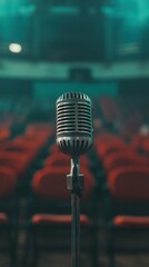 Poster - Vintage Chrome Microphone Dynamic Visual Storytelling for Conference Branding, Professional Communication, and Immersive Presentation Experiences in Modern Event Spaces