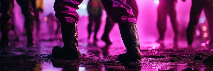 Poster - Cyberpunk Urban Resilience Emergency Workers Battling Flood Crisis with High-Visibility Safety Gear in Neon-Drenched Disaster Response Scenario