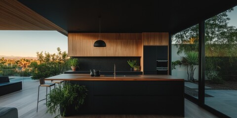 Leinwandbilder - Minimalist Indoor-Outdoor Kitchen Design Sustainable Wood and Glass Sanctuary Redefining Contemporary Living Spaces with Biophilic Architectural Elegance