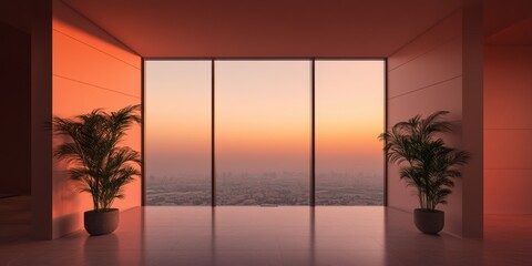 Poster - Minimalist Urban Sanctuary Golden Hour Sunset Interior with Panoramic City View - Biophilic Design Meets Contemporary Architectural Wellness Experience