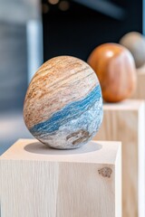 Aufkleber - Minimalist Planetary Sculpture Organic Textured Sphere Showcasing Earth-Inspired Geological Artistry in Contemporary Design Exhibition