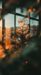 Aufkleber - Ethereal Urban Botanical Reflection Cinematic Evergreen Softness in Golden Hour Architecture - Moody Contemporary Landscape Design Storytelling