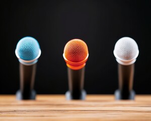 Leinwandbilder - Vibrant Media Tech Professional Color-Coded Microphones Showcasing Modern Communication Aesthetics for Dynamic Broadcast and Digital Content Creation