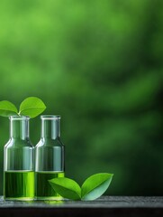 Fototapete - Sustainable Biotech Innovation Emerald Green Laboratory Essence Bottles with Organic Leaves - Next-Gen Eco-Wellness Research and Renewable Product Development