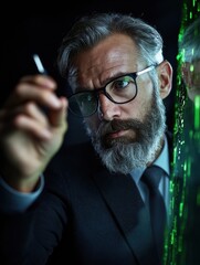 Fototapete - Cybersecurity Visionary Mature Professional Decoding Digital Transformation with Intense Focus - Next-Gen Tech Leadership and Strategic Innovation in AI-Enhanced Business Landscape