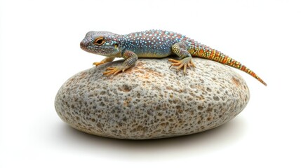 Aufkleber - Colorful lizard resting on textured rock against a white background with drop shadow