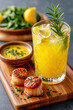 © Platoo studio - Seared scallops with herb garnish served alongside vibrant yellow cocktail garnished with rosemary