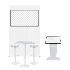 Wall Mural - Trade show booth display kit mock-up. Expo tradeshow set template. Backdrop banner stand with LCD monitor, floor touch screen digital kiosk, adjustable height table, bar stools. 3d vector mockup