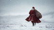 © Inspire Shots Hub - Santa Claus walking away in snowy landscape, carrying a large bag, red robe, blizzard, winter scene, Christmas spirit