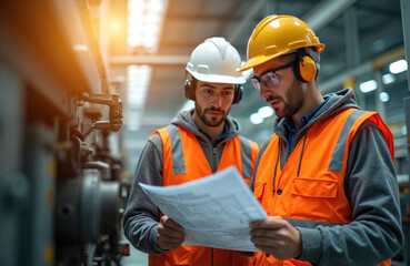 Aufkleber - Two young engineers consult, design equipment in machine repair factory. Men wearing safety vests, helmets, ear protection study technical drawing. Technical inspection, quality control, industrial