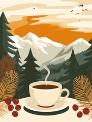Poster - Enjoying a warm cup of coffee against a stunning backdrop of mountains and pines at sunset in natures tranquil embrace