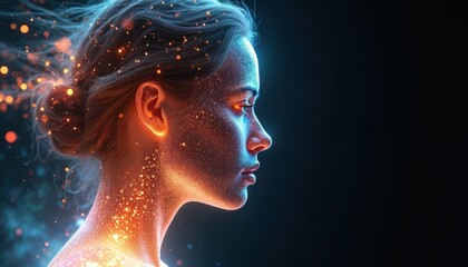 Aufkleber - Profile woman face rendered glowing particles. Streaks light emanate head. Abstract illustration digital futuristic concept of artificial intelligence, innovation, modern tech. Cyberspace, network,
