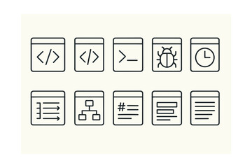 Programming and development icon set: debugging, coding, and workflow tools in linear style