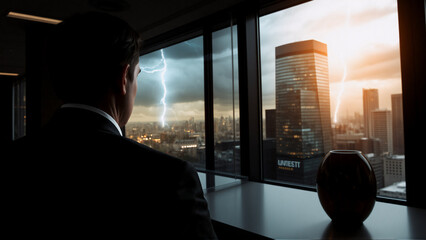 Poster - A man in a suit gazes out a large window at a city skyline as lightning illuminates the dark, stormy sky above the buildings.