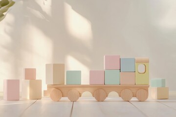 Poster - Cozy wooden train made from pastel cubes on light-colored floor in softly lit space