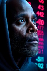A man in a hoodie is intently staring at a computer screen, ideal for representing tech and cybersecurity ideas