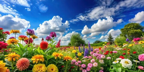 Wall Mural - Colorful flowers and leaves growing in a lush green garden against a bright blue sky with white fluffy clouds on a sunny day , lush green, garden scene