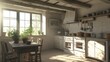 © Smoky - Serene rustic kitchen interior scene enhanced by sunlight streaming through window charming setting mood