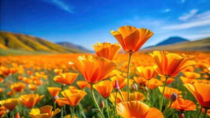 Wall Mural - Vibrant California poppies bloom in a vast, sun-kissed field filled with delicate orange petals and slender stems swaying gently in the breeze , poppy field, vibrant california poppies