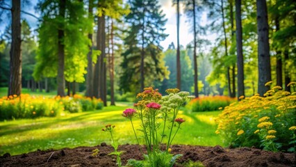Wall Mural - Ruta graveolens sprouts from lush green soil in a garden with vibrant wildflowers and tall trees surrounding it