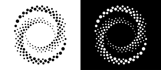 Leinwandbilder - Circle abstract background with dynamic halftone dots in spiral. Yin and yang style. Black shape on a white background and the same white shape on the black side.