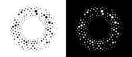 Poster - Modern abstract background. Halftone dots in circle form. Round logo, design element or icon. Vector dotted frame. A black figure on a white background and an equally white figure on the black side.