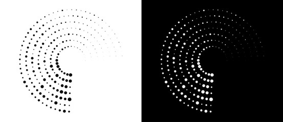 Fototapete - Modern abstract background. Halftone dots in spiral form. Round logo, design element or icon. Vector dotted frame. A black figure on a white background and an equally white figure on the black side.