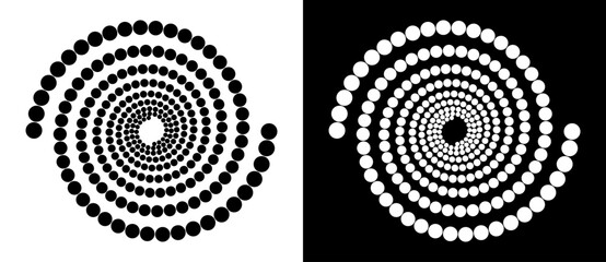 Leinwandbilder - Circle abstract background with dynamic halftone dots in spiral. Yin and yang style. Black shape on a white background and the same white shape on the black side.